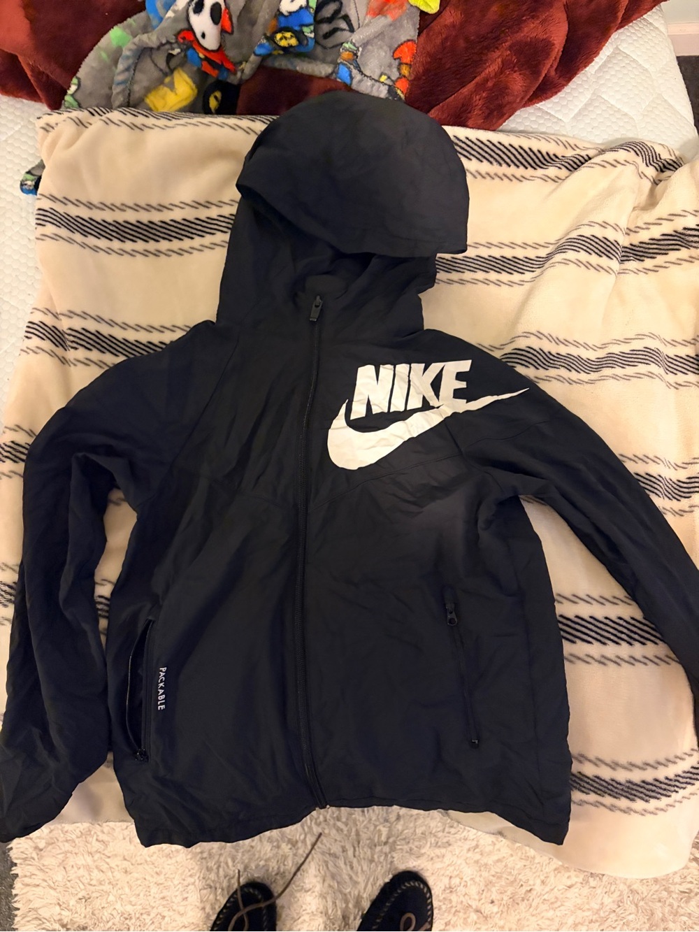 Nike Black Hooded Bomber Jacket with White Swoosh and Wordmark